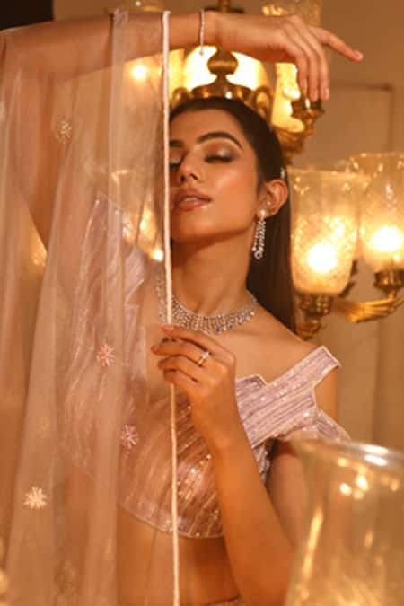 Shop_House of ayra_Purple Crepe, Silk, Organza Sequins, Embroidery, Mauvette Geometric Lehenga Set _Online_at_Aza_Fashions