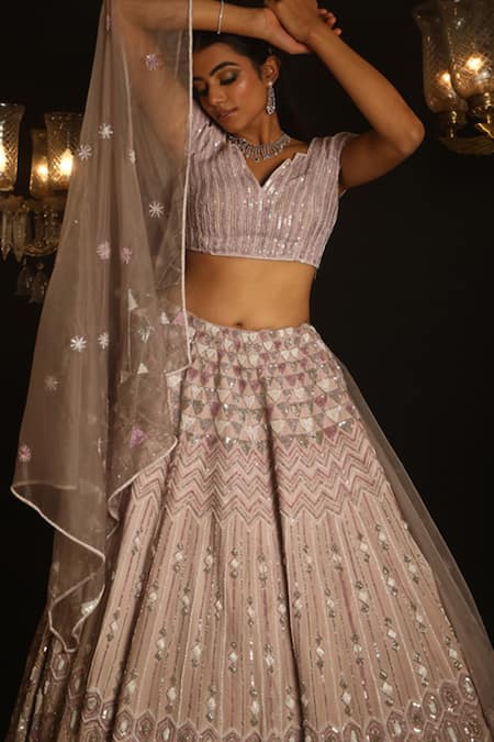 House of ayra_Purple Crepe, Silk, Organza Sequins, Embroidery, Mauvette Geometric Lehenga Set _at_Aza_Fashions