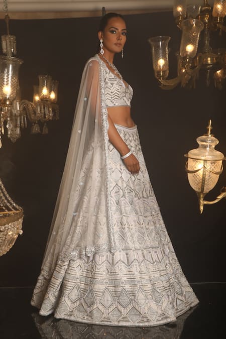 House of ayra_White Sequins, Stones, Cut Work, Embroidery, Beads Lunel Geometric Lehenga Set _Online_at_Aza_Fashions