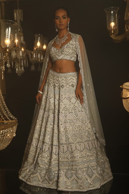 Shop_House of ayra_White Sequins, Stones, Cut Work, Embroidery, Beads Lunel Geometric Lehenga Set _Online_at_Aza_Fashions