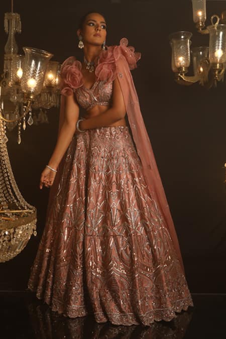 Buy_House of ayra_Pink Embroidery, Sequins, Beads V-neck Lustre Geometric Lehenga With Blouse _Online_at_Aza_Fashions