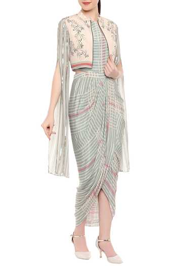 Shop_Soup By Sougat Paul_Beige Printed Draped Dress With Jacket _Online_at_Aza_Fashions