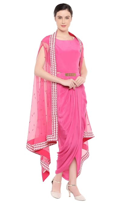 Soup By Sougat Paul Pink Net, Crepe Sequin Round Neck Draped Dress With Embellished Cape 