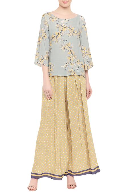 Soup By Sougat Paul_Blue Georgette Round Printed Short Kurta With Palazzos_at_Aza_Fashions