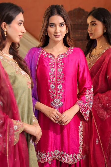 Buy_Farha Syed_Green Chanderi Silk, Organza Embroidery, Zari, Sequins Split Kurta Pant Set _Online_at_Aza_Fashions