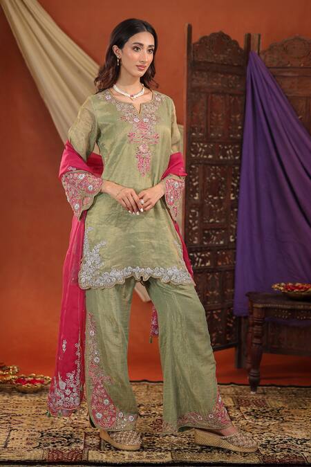 Shop_Farha Syed_Green Chanderi Silk, Organza Embroidery, Zari, Sequins Split Kurta Pant Set _Online_at_Aza_Fashions