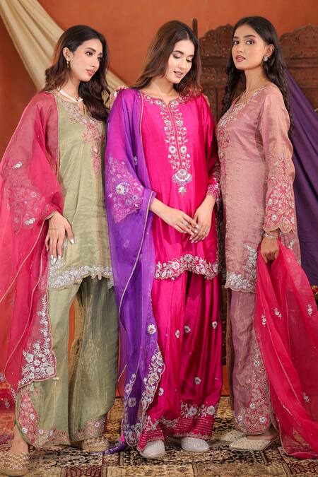 Buy_Farha Syed_Green Chanderi Silk, Organza Embroidery, Zari, Sequins Split Kurta Pant Set 