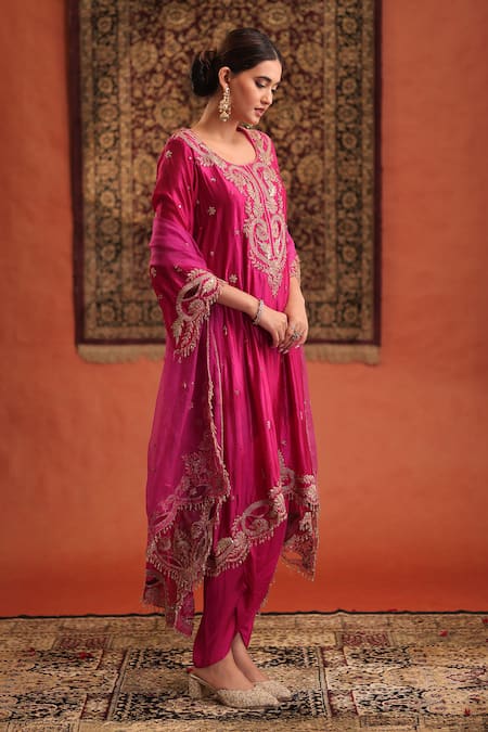 Buy_Farha Syed_Magenta Silk, Organza Embroidery, Sequins, Tassels, Beads, Kurta Dhoti Pant Set 