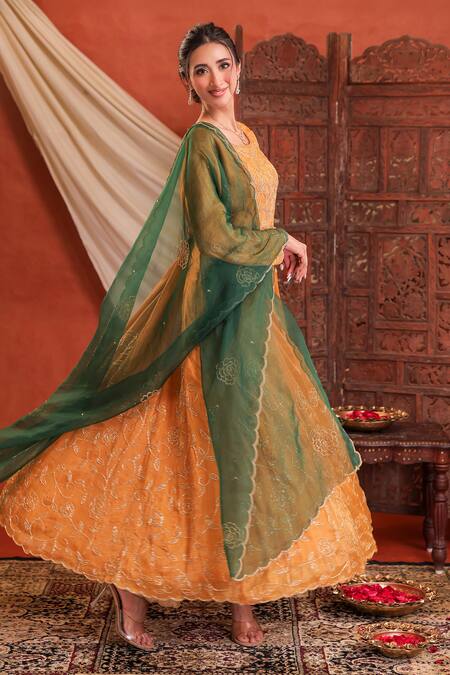 Farha Syed Yellow Chanderi Silk, Tissue, Organza Embroidery, Metallic Anarkali Pant Set at Aza Fashions Farha Syed_Yellow Chanderi Silk, Tissue, Organza Embroidery, Metallic Anarkali Pant Set _at_Aza_Fashions