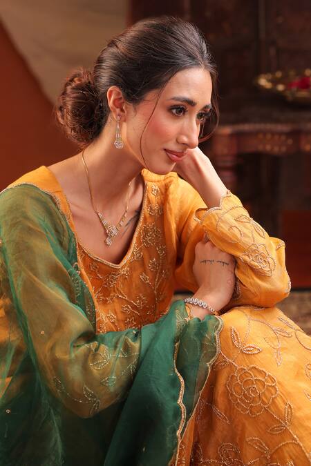 Shop Farha Syed Yellow Chanderi Silk, Tissue, Organza Embroidery, Metallic Anarkali Pant Set Shop_Farha Syed_Yellow Chanderi Silk, Tissue, Organza Embroidery, Metallic Anarkali Pant Set