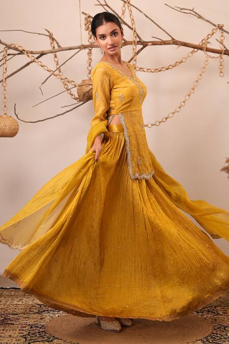 Farha Syed_Mustard Chanderi Silk, Tissue, Chanderi, Organza Zari, Kurta And Skirt Set _Online_at_Aza_Fashions