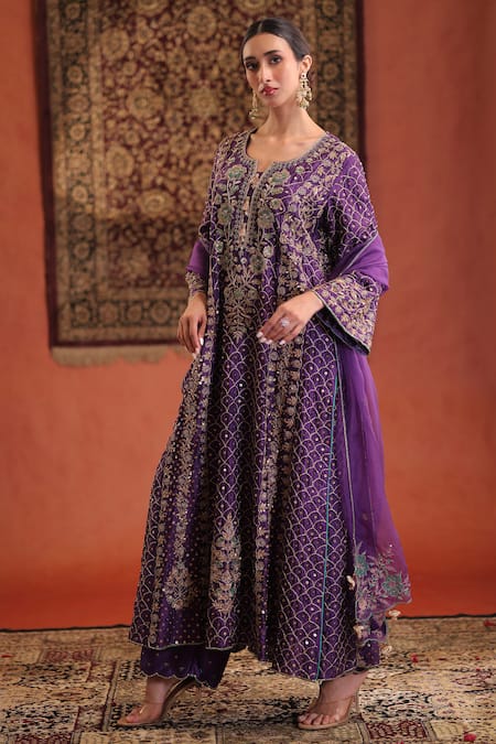 Farha Syed_Purple Silk, Organza Embroidery, Sequins, Zari Split V-neck Kurta Pant Set _Online_at_Aza_Fashions