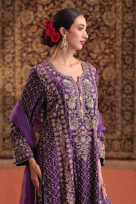 Buy_Farha Syed_Purple Silk, Organza Embroidery, Sequins, Zari Split V-neck Kurta Pant Set _Online_at_Aza_Fashions