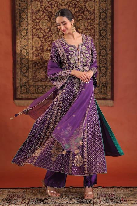 Shop_Farha Syed_Purple Silk, Organza Embroidery, Sequins, Zari Split V-neck Kurta Pant Set _Online_at_Aza_Fashions