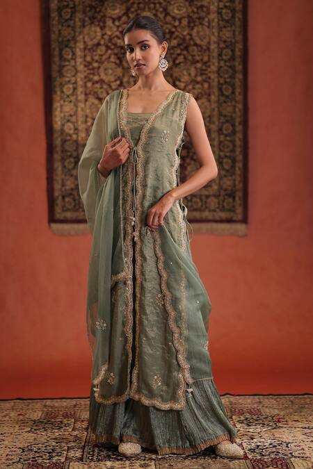 Buy Farha Syed Mint Chanderi Silk, Tissue, Silk, Organza Embroidery, Sequins, Kurta Skirt Set Online at Aza Fashions Buy_Farha Syed_Mint Chanderi Silk, Tissue, Silk, Organza Embroidery, Sequins, Kurta Skirt Set _Online_at_Aza_Fashions