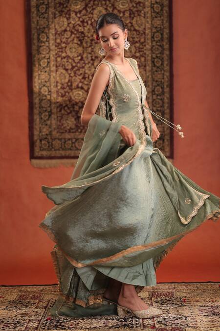Shop Farha Syed Mint Chanderi Silk, Tissue, Silk, Organza Embroidery, Sequins, Kurta Skirt Set Online at Aza Fashions Shop_Farha Syed_Mint Chanderi Silk, Tissue, Silk, Organza Embroidery, Sequins, Kurta Skirt Set _Online_at_Aza_Fashions