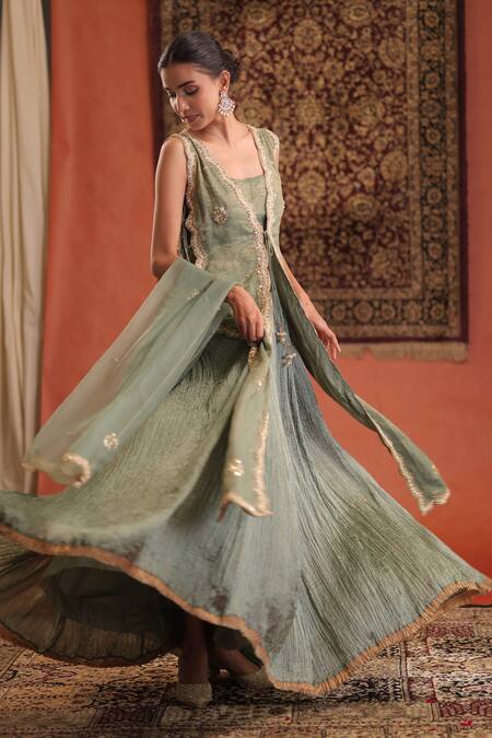 Farha Syed Mint Chanderi Silk, Tissue, Silk, Organza Embroidery, Sequins, Kurta Skirt Set at Aza Fashions Farha Syed_Mint Chanderi Silk, Tissue, Silk, Organza Embroidery, Sequins, Kurta Skirt Set _at_Aza_Fashions