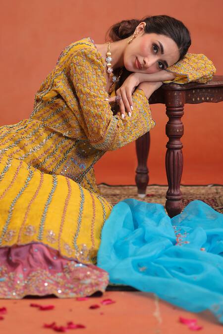 Buy Farha Syed Yellow Chanderi Silk, Tissue, Silk, Chanderi, Organza Anarkali And Skirt Set Online at Aza Fashions Buy_Farha Syed_Yellow Chanderi Silk, Tissue, Silk, Chanderi, Organza Anarkali And Skirt Set _Online_at_Aza_Fashions