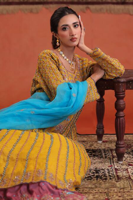 Shop Farha Syed Yellow Chanderi Silk, Tissue, Silk, Chanderi, Organza Anarkali And Skirt Set Online at Aza Fashions Shop_Farha Syed_Yellow Chanderi Silk, Tissue, Silk, Chanderi, Organza Anarkali And Skirt Set _Online_at_Aza_Fashions