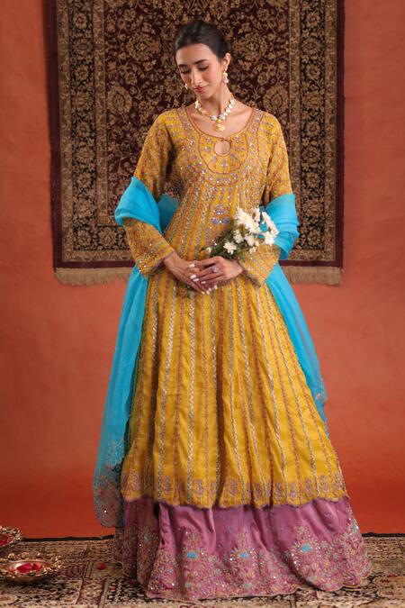 Farha Syed Yellow Chanderi Silk, Tissue, Silk, Chanderi, Organza Anarkali And Skirt Set at Aza Fashions Farha Syed_Yellow Chanderi Silk, Tissue, Silk, Chanderi, Organza Anarkali And Skirt Set _at_Aza_Fashions