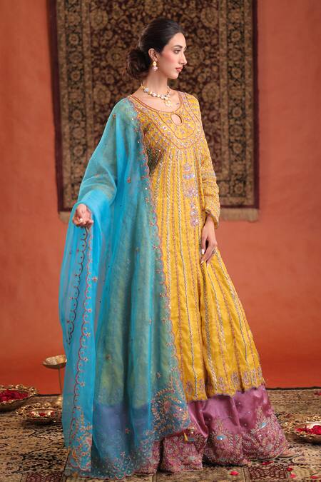 Buy Farha Syed Yellow Chanderi Silk, Tissue, Silk, Chanderi, Organza Anarkali And Skirt Set Buy_Farha Syed_Yellow Chanderi Silk, Tissue, Silk, Chanderi, Organza Anarkali And Skirt Set