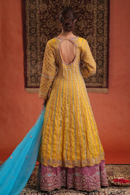 Farha Syed Yellow Chanderi Silk, Tissue, Silk, Chanderi, Organza Anarkali And Skirt Set Online at Aza Fashions Farha Syed_Yellow Chanderi Silk, Tissue, Silk, Chanderi, Organza Anarkali And Skirt Set _Online_at_Aza_Fashions