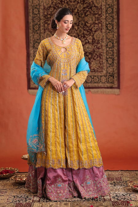 Farha Syed Yellow Chanderi Silk, Tissue, Silk, Chanderi, Organza Anarkali And Skirt Set 