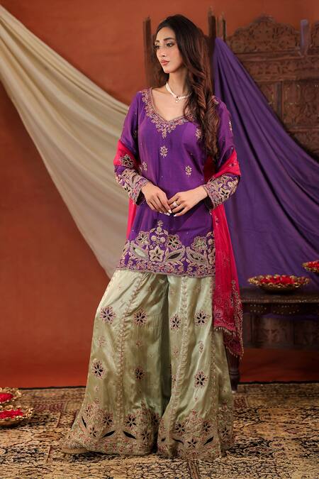 Farha Syed Multi Color Silk, Organza Embroidery, Zari, Cut Work, Sequins Kurta Sharara Set Online at Aza Fashions Farha Syed_Multi Color Silk, Organza Embroidery, Zari, Cut Work, Sequins Kurta Sharara Set _Online_at_Aza_Fashions