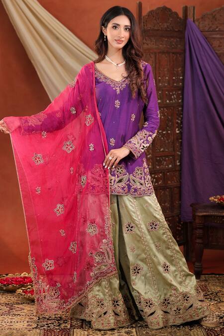 Shop Farha Syed Multi Color Silk, Organza Embroidery, Zari, Cut Work, Sequins Kurta Sharara Set Online at Aza Fashions Shop_Farha Syed_Multi Color Silk, Organza Embroidery, Zari, Cut Work, Sequins Kurta Sharara Set _Online_at_Aza_Fashions