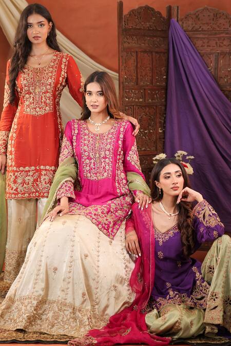 Farha Syed Multi Color Silk, Organza Embroidery, Zari, Cut Work, Sequins Kurta Sharara Set at Aza Fashions Farha Syed_Multi Color Silk, Organza Embroidery, Zari, Cut Work, Sequins Kurta Sharara Set _at_Aza_Fashions