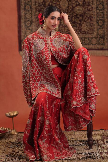 Shop_Farha Syed_Red Silk Embroidery, Zari Halter Neck, Mandarin Collar Cape And Sharara Set _Online_at_Aza_Fashions