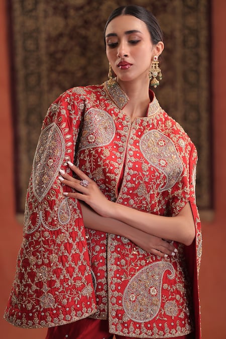 Farha Syed_Red Silk Embroidery, Zari Halter Neck, Mandarin Collar Cape And Sharara Set _at_Aza_Fashions