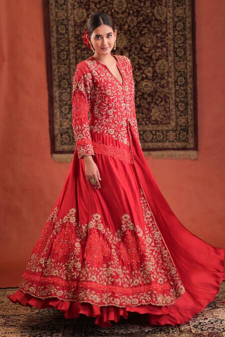 Farha Syed Red Silk, Satin Embroidery, Metallic Thread, Stones, Zari Jacket With Skirt Online at Aza Fashions Farha Syed_Red Silk, Satin Embroidery, Metallic Thread, Stones, Zari Jacket With Skirt _Online_at_Aza_Fashions