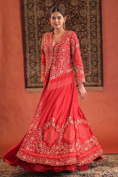 Buy Farha Syed Red Silk, Satin Embroidery, Metallic Thread, Stones, Zari Jacket With Skirt Online at Aza Fashions Buy_Farha Syed_Red Silk, Satin Embroidery, Metallic Thread, Stones, Zari Jacket With Skirt _Online_at_Aza_Fashions