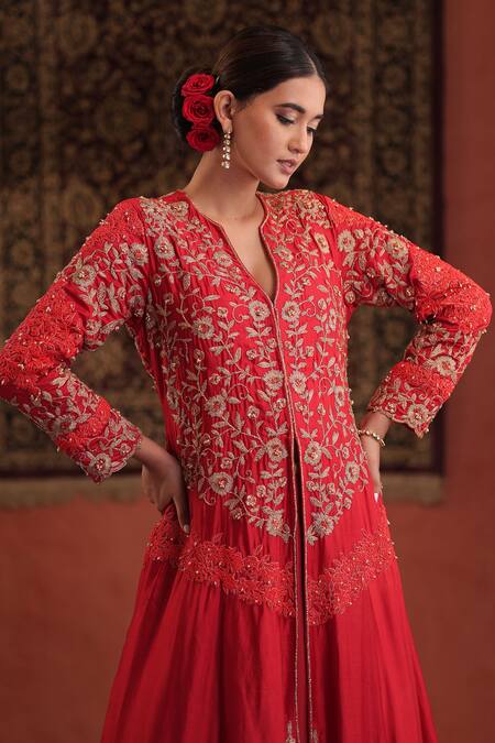 Shop Farha Syed Red Silk, Satin Embroidery, Metallic Thread, Stones, Zari Jacket With Skirt Online at Aza Fashions Shop_Farha Syed_Red Silk, Satin Embroidery, Metallic Thread, Stones, Zari Jacket With Skirt _Online_at_Aza_Fashions