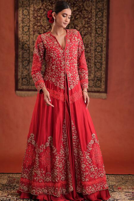 Farha Syed Red Silk, Satin Embroidery, Metallic Thread, Stones, Zari Jacket With Skirt at Aza Fashions Farha Syed_Red Silk, Satin Embroidery, Metallic Thread, Stones, Zari Jacket With Skirt _at_Aza_Fashions