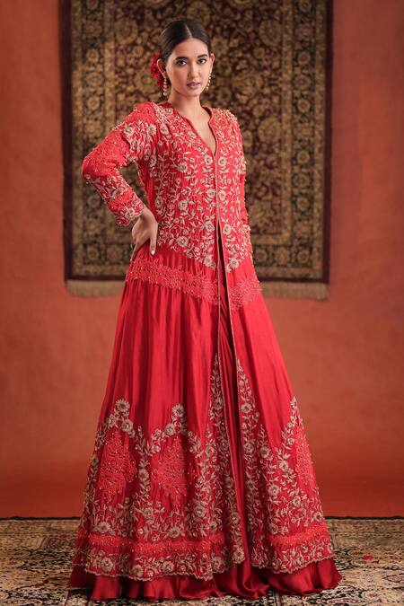 Buy Farha Syed Red Silk, Satin Embroidery, Metallic Thread, Stones, Zari Jacket With Skirt Buy_Farha Syed_Red Silk, Satin Embroidery, Metallic Thread, Stones, Zari Jacket With Skirt