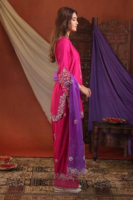 Farha Syed Magenta Silk, Organza Embroidery, Sequins, Beads, Kurta Farshi Salwar Set Online at Aza Fashions Farha Syed_Magenta Silk, Organza Embroidery, Sequins, Beads, Kurta Farshi Salwar Set _Online_at_Aza_Fashions