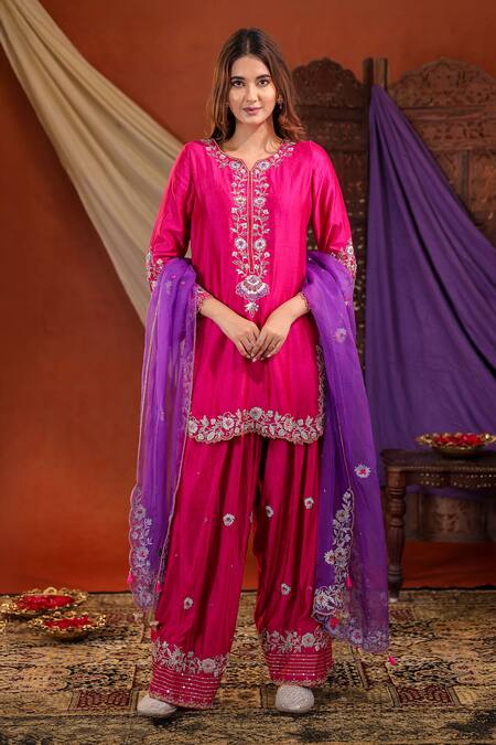 Buy Farha Syed Magenta Silk, Organza Embroidery, Sequins, Beads, Kurta Farshi Salwar Set Online at Aza Fashions Buy_Farha Syed_Magenta Silk, Organza Embroidery, Sequins, Beads, Kurta Farshi Salwar Set _Online_at_Aza_Fashions