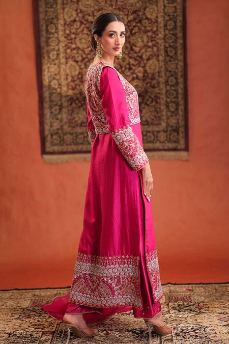 Farha Syed_Magenta Silk, Organza Embroidery, Zari, Sequins Square Short Jacket And Pant Set _Online_at_Aza_Fashions