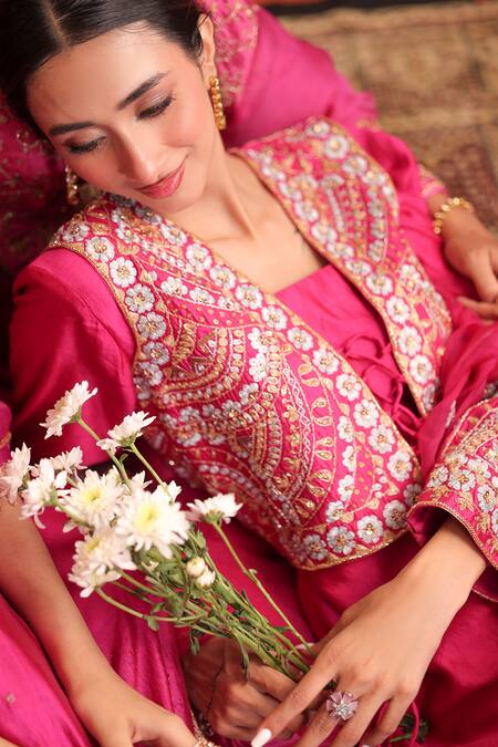 Buy_Farha Syed_Magenta Silk, Organza Embroidery, Zari, Sequins Square Short Jacket And Pant Set _Online_at_Aza_Fashions