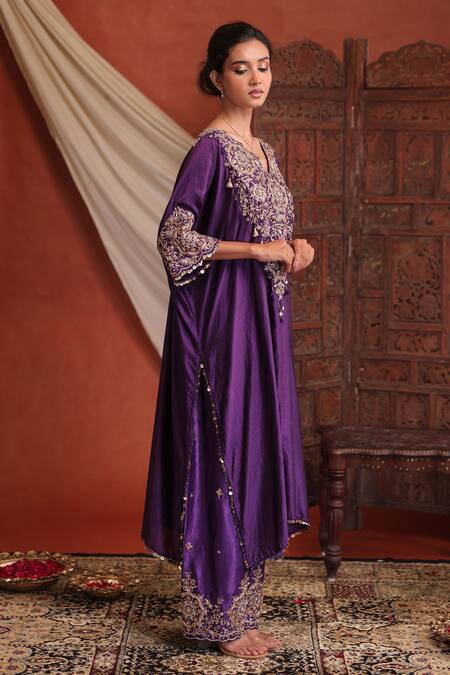 Buy Farha Syed Purple Silk Embroidery, Sequins, Tassels V-neck Kaftan Kurta And Pant Set Online at Aza Fashions Buy_Farha Syed_Purple Silk Embroidery, Sequins, Tassels V-neck Kaftan Kurta And Pant Set _Online_at_Aza_Fashions