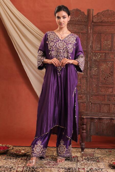 Shop Farha Syed Purple Silk Embroidery, Sequins, Tassels V-neck Kaftan Kurta And Pant Set Online at Aza Fashions Shop_Farha Syed_Purple Silk Embroidery, Sequins, Tassels V-neck Kaftan Kurta And Pant Set _Online_at_Aza_Fashions