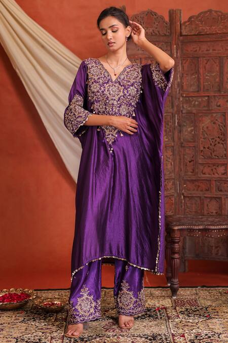 Farha Syed Purple Silk Embroidery, Sequins, Tassels V-neck Kaftan Kurta And Pant Set at Aza Fashions Farha Syed_Purple Silk Embroidery, Sequins, Tassels V-neck Kaftan Kurta And Pant Set _at_Aza_Fashions