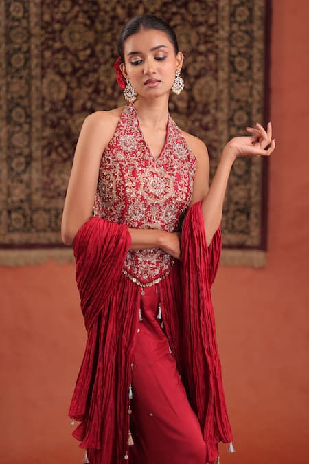 Farha Syed_Red Silk Embroidery, Zari Halter Neck, Kurta With Pant _Online_at_Aza_Fashions