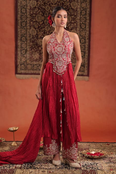 Buy_Farha Syed_Red Silk Embroidery, Zari Halter Neck, Kurta With Pant _Online_at_Aza_Fashions