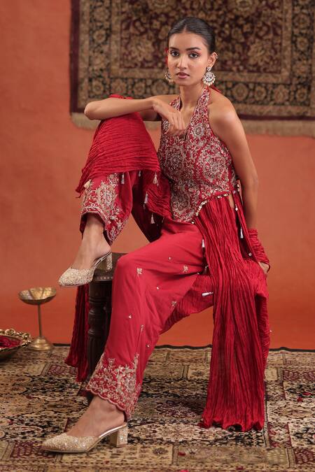 Shop_Farha Syed_Red Silk Embroidery, Zari Halter Neck, Kurta With Pant _Online_at_Aza_Fashions