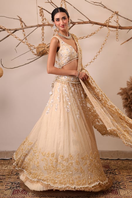 Shop_Farha Syed_Ivory Chanderi Silk, Tissue, Organza Sequins, Beads, Embroidery, Lehenga Set _at_Aza_Fashions