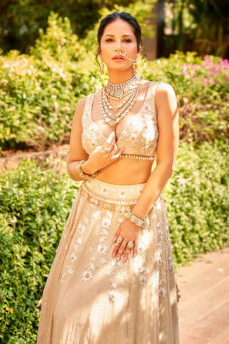 Farha Syed_Ivory Chanderi Silk, Tissue, Organza Sequins, Beads, Embroidery, Lehenga Set _Online_at_Aza_Fashions