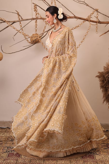 Buy_Farha Syed_Ivory Chanderi Silk, Tissue, Organza Sequins, Beads, Embroidery, Lehenga Set _Online_at_Aza_Fashions